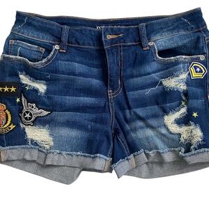 Maurices Distressed Blue Jean Shorts with Patches